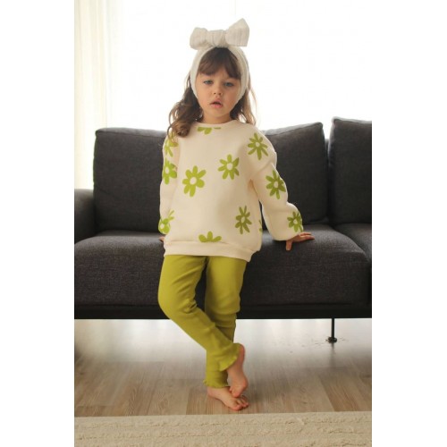 Şardonlu Yağ Yeşili Çiçekli Kız Çocuk Takım Şardonlu Yağ Yeşili Çiçekli Kız Çocuk Takım